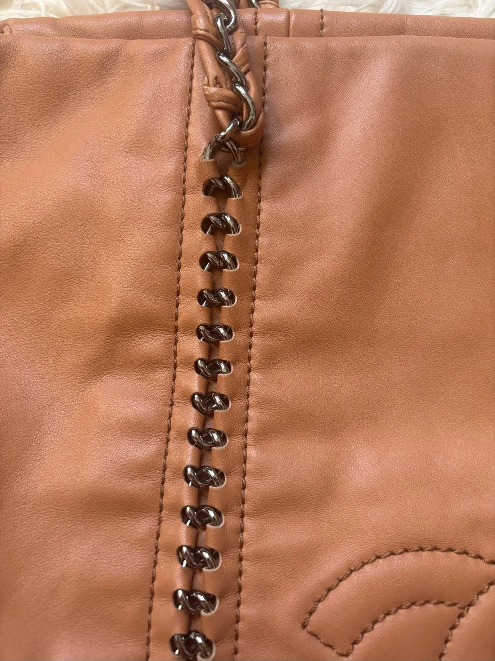 CHANEL Tan Leather Chain-Strap Tote with Stitched CC Emblem